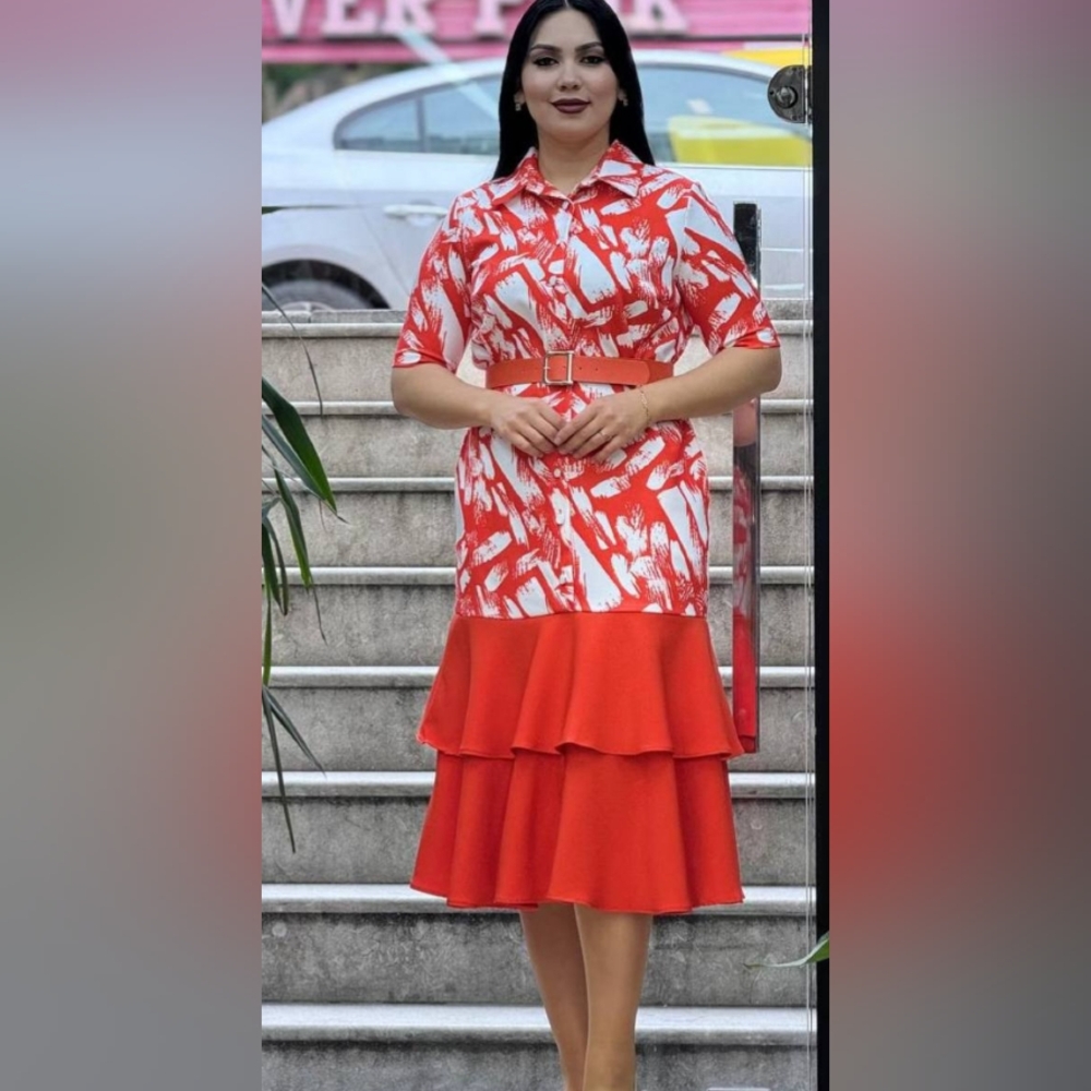 🔴D0011 - NWT ORANGE/WHITE DRESS W/ 2 TIER BOTTOM
